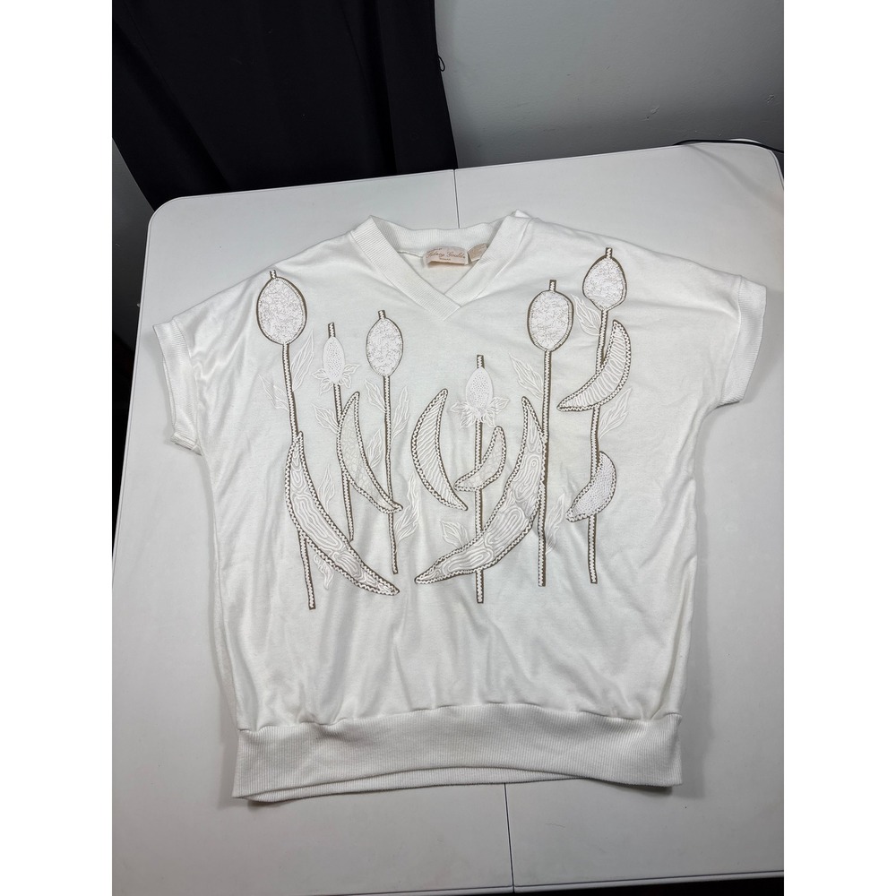 Vintage Cottagecore Botanical Embroidered White Knit Top Womens 2X V Neck